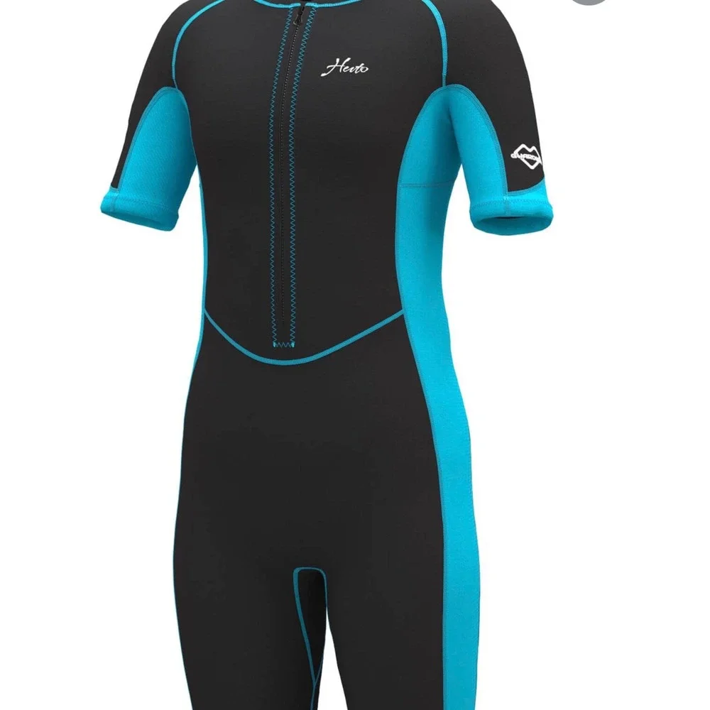 Hevto Kids Shorty Wetsuit Black‎ Blue 2mm Neoprene Front Zip Swim Suit Size 3